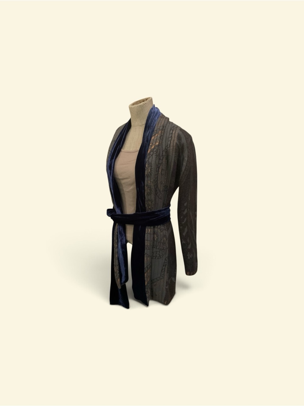 ETRO Milano Paisley Cashmere Cardigan Open Front Blue Velvet Collar Sweater
